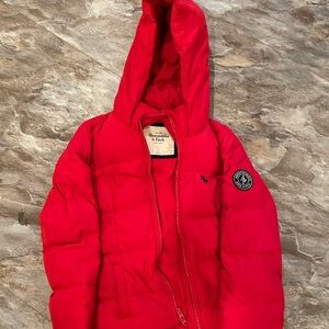 Red Abercrombie & Fitch puffer jacket, size M.